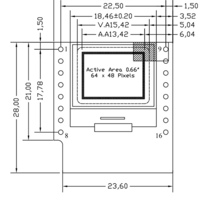 0.66 дюймовый IIC OLED дисплей 16 пин с 64x48 пикселями, бело-синие шрифты Ультранизкомощный OLED дисплей